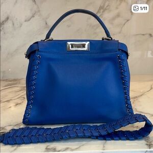 Fendi Peekaboo Cobalt Blue Whipstitch Leather Top Handle Crossbody Bag